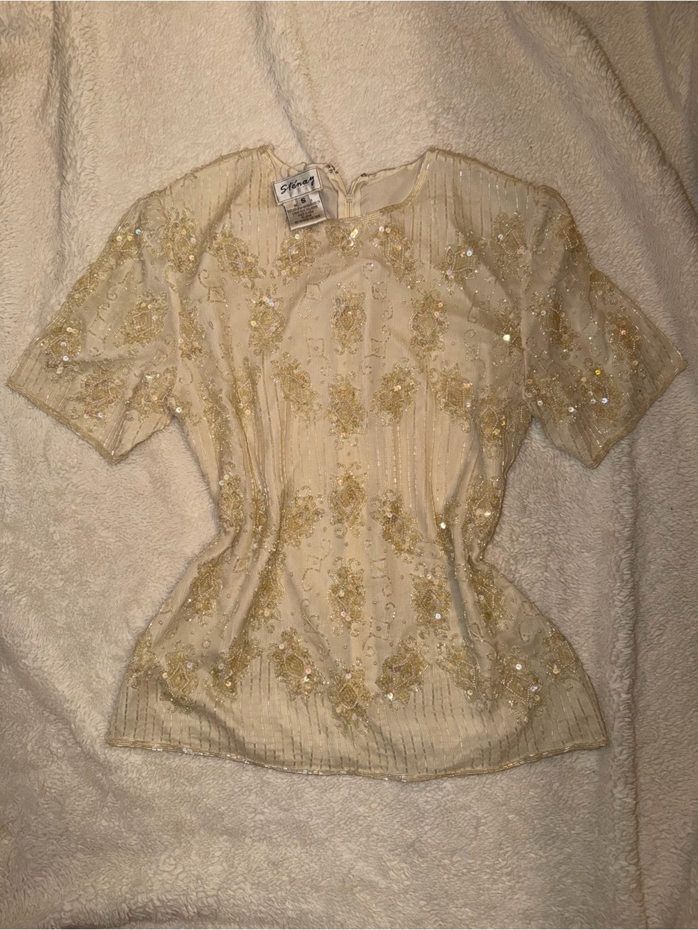 Stenay Cream Short Sleeve Embellished Beaded Blouse